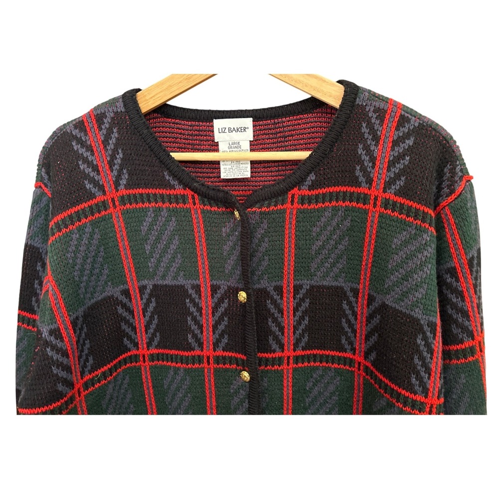 Liz Baker Vintage Plaid Cardigan Large Hong Kong Tartan Button Front Cozy Retro - Picture 2 of 4
